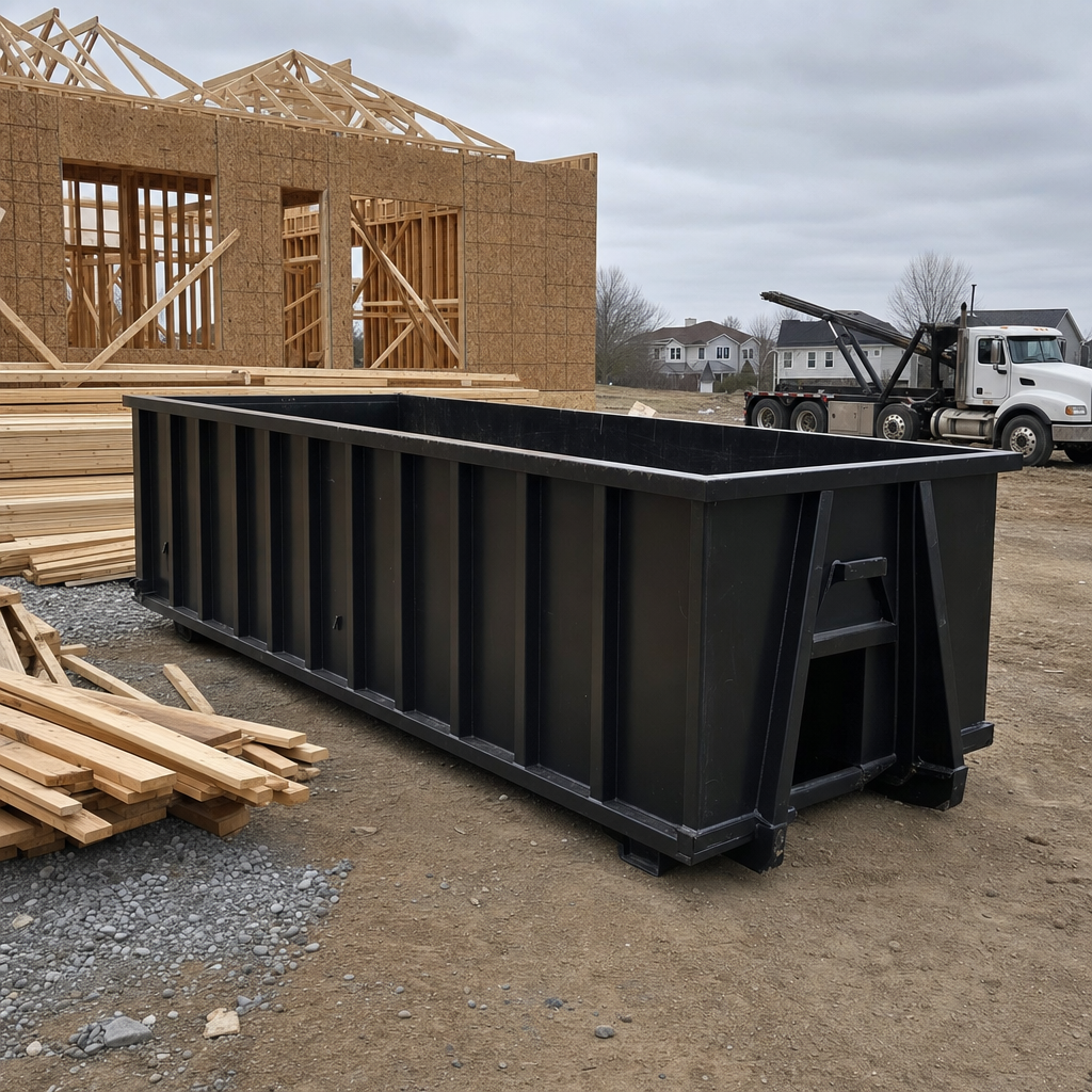 Matte-black 40-yard roll-off dumpster staged on a framed-out residential construction site in Erie, framing lumber stacked nearby, hooklift delivery truck visible in the background under bright Colorado daylight