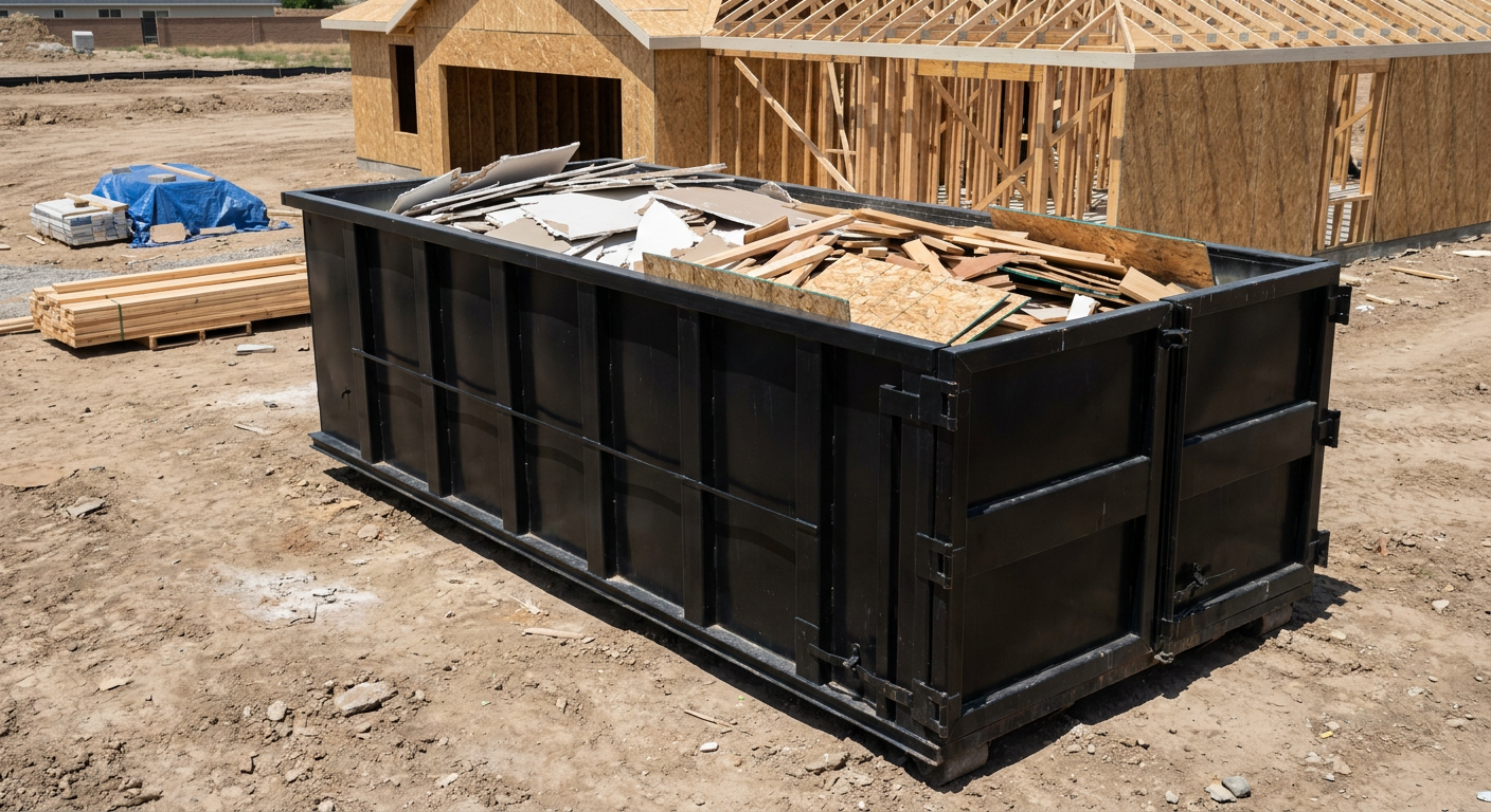 Matte-black 30-yard roll-off construction dumpster sitting directly on the compacted-dirt site of a framed single-family home build in Erie, drywall and lumber scrap loaded inside.