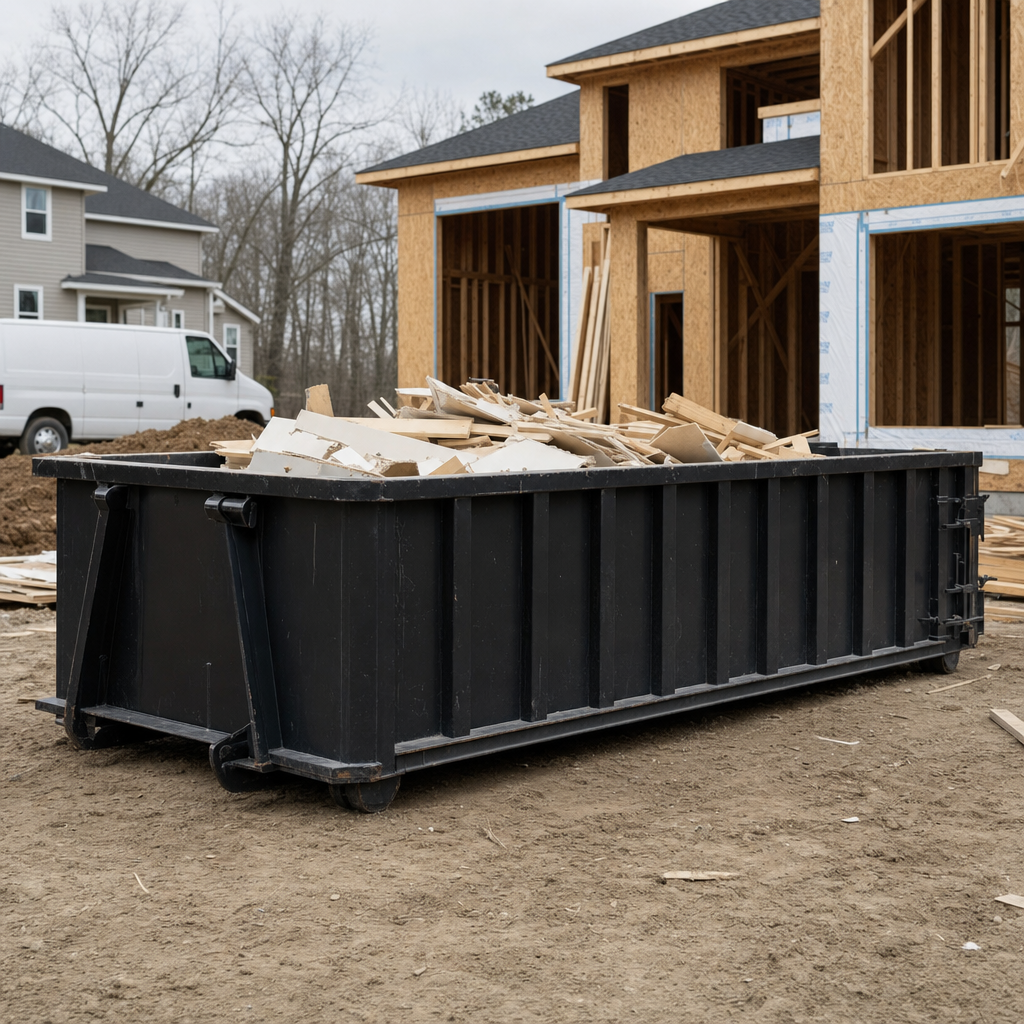 Worker in a yellow high-visibility vest tossing framing lumber and broken drywall into a matte-black 30-yard construction roll-off dumpster on an active build site in Erie, bright daylight