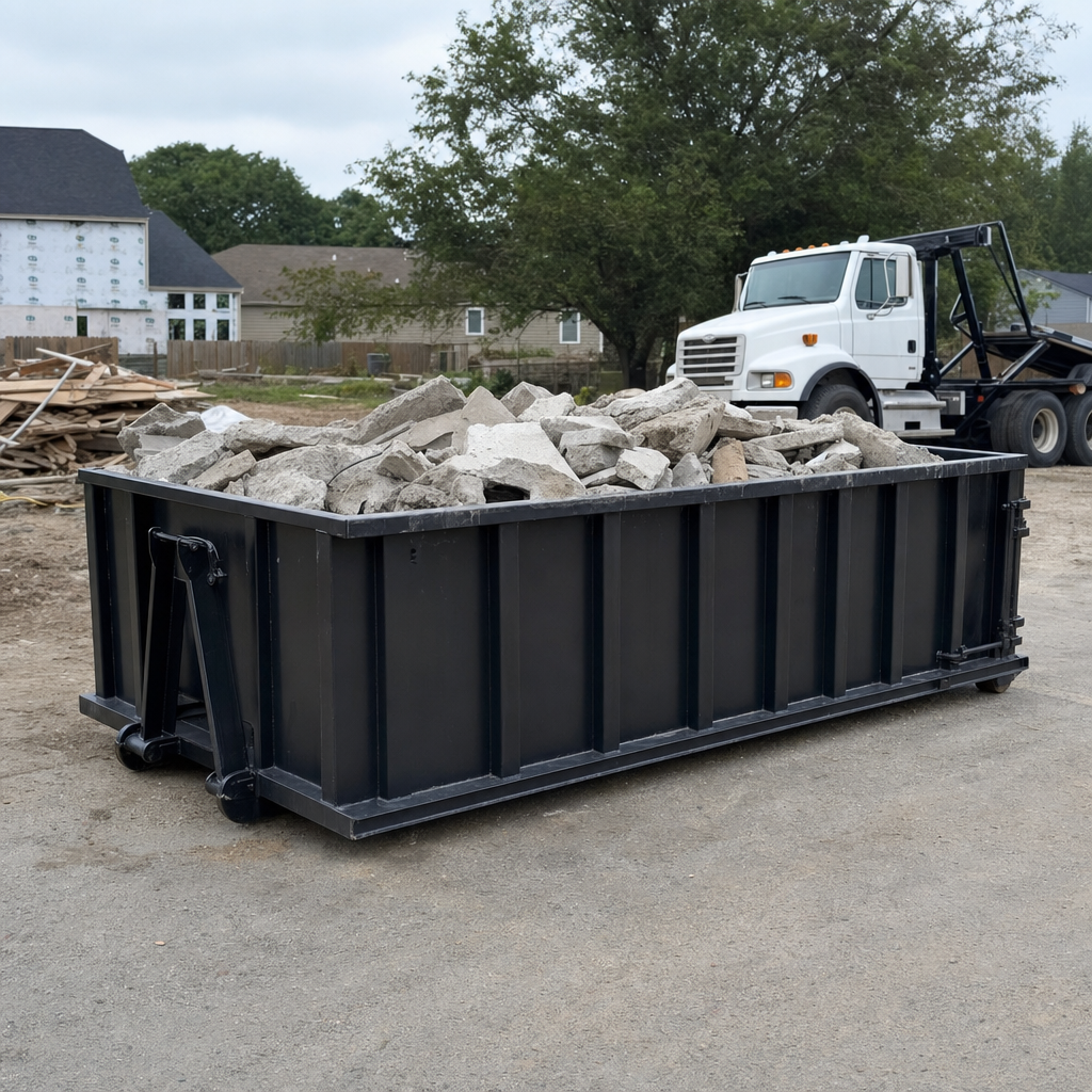 Low-profile matte-black lowboy roll-off dumpster loaded with broken concrete slab and rebar at a foundation tear-out in Erie, skid steer parked beside it, sunny Colorado morning