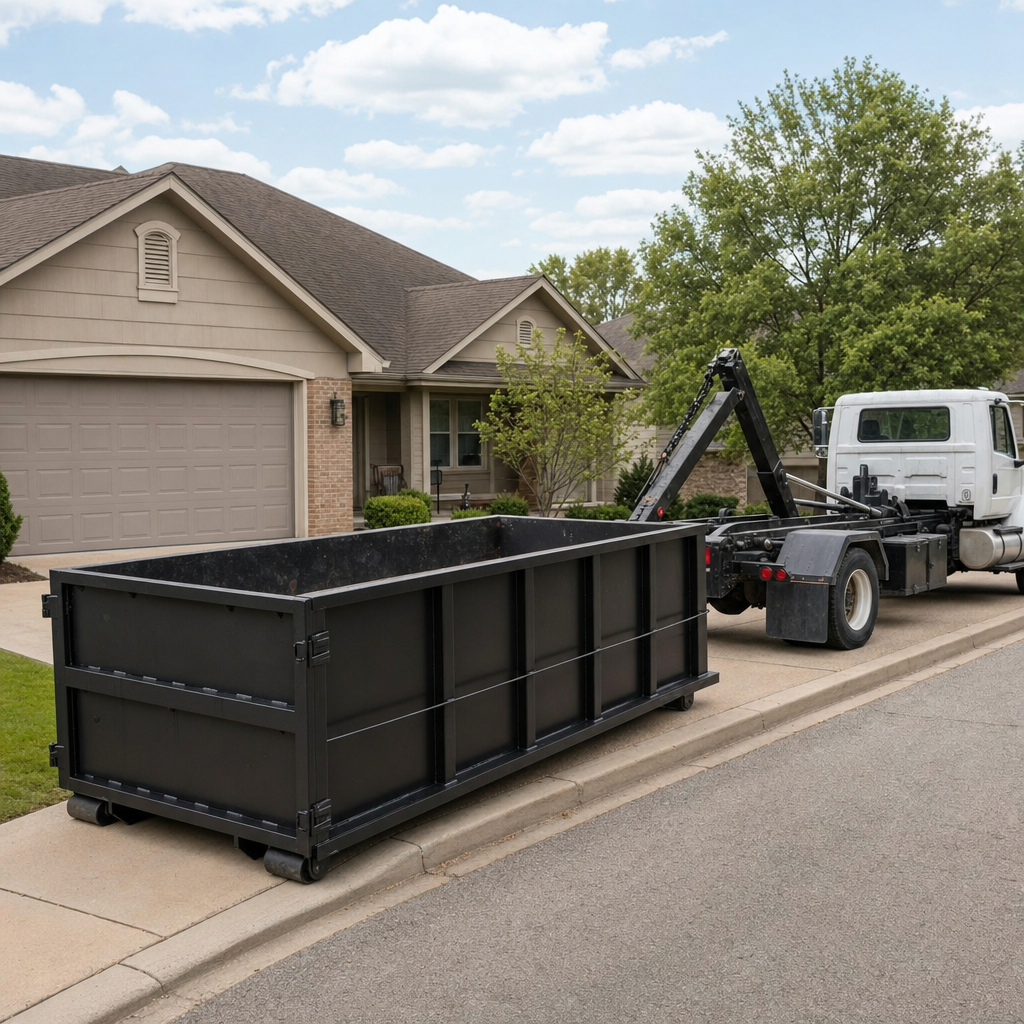 Wide documentary shot of a matte-black roll-off dumpster on a Erie residential driveway in the foreground and a contractor jobsite container in the soft-focus background, bright daylight, calm and orderly composition.