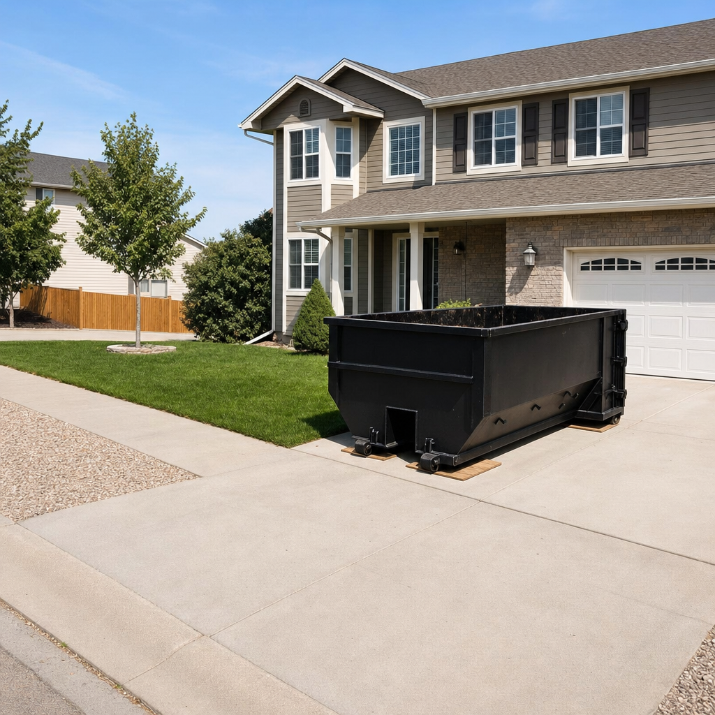 10-yard matte-black residential dumpster placed directly on a narrow Erie concrete driveway, room remains for a parked sedan beside it, mid-morning natural light