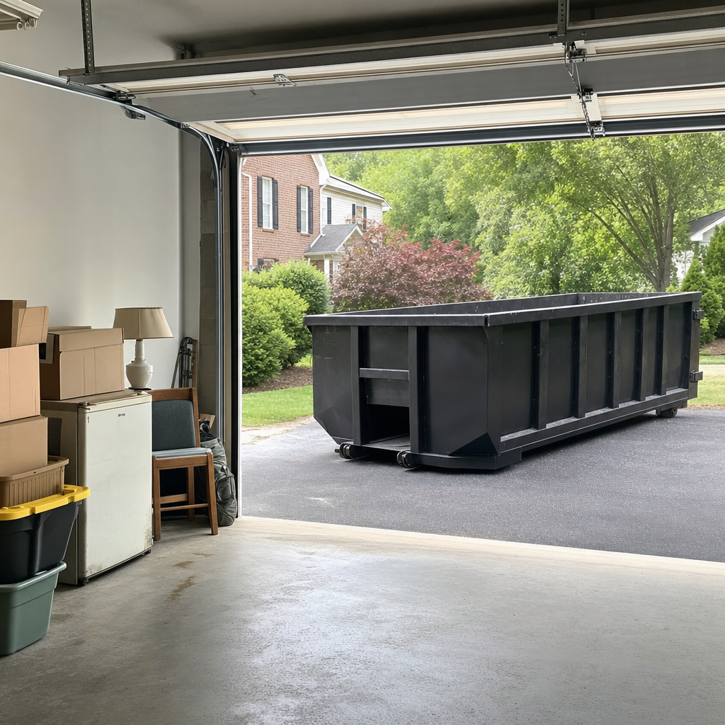 Open garage interior in a Erie home mid-cleanout — boxed items, an old appliance, and stacked yard tools queued near the driveway for a matte-black roll-off dumpster, organized and calm