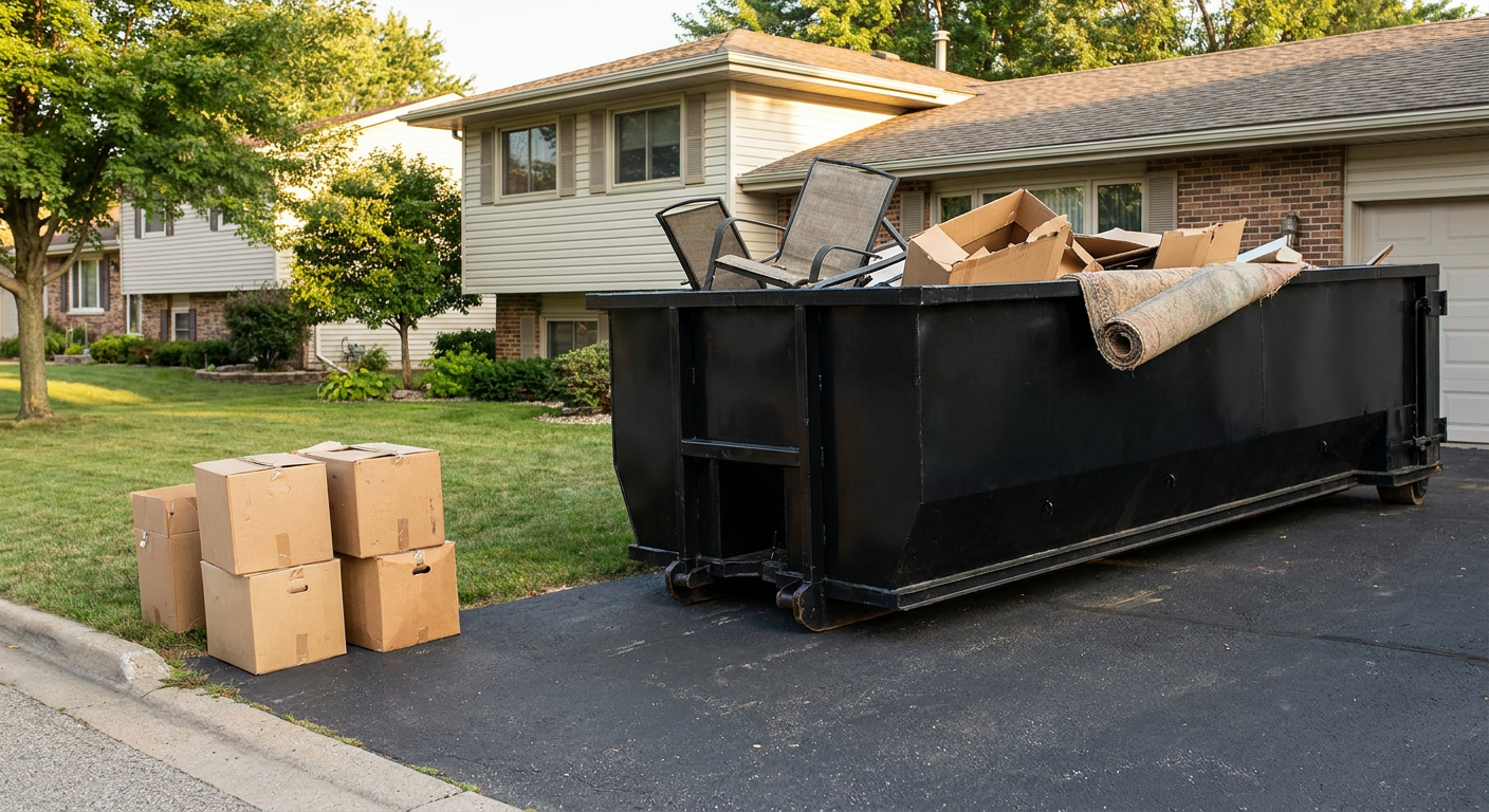 Front-yard view of a Erie split-level home with a 20-yard matte-black roll-off dumpster sitting directly on the asphalt driveway, a few clearly labeled donation boxes staged at the curb, calm sunny afternoon.