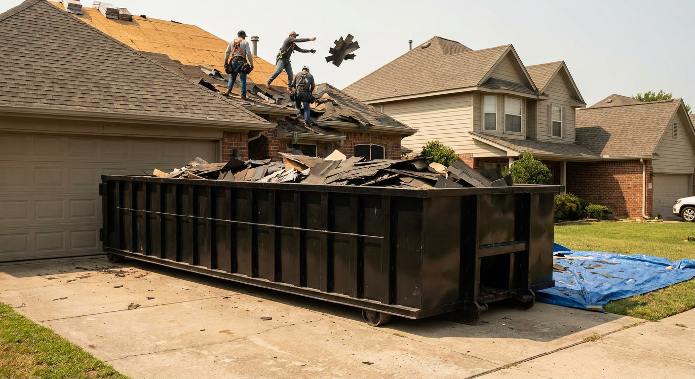 Matte-black roofing roll-off dumpster placed directly on a Erie residential concrete driveway, a tear-off crew on a two-story asphalt-shingle roof tossing shingle bundles into the low-walled container, bright daylight, documentary 35mm perspective.