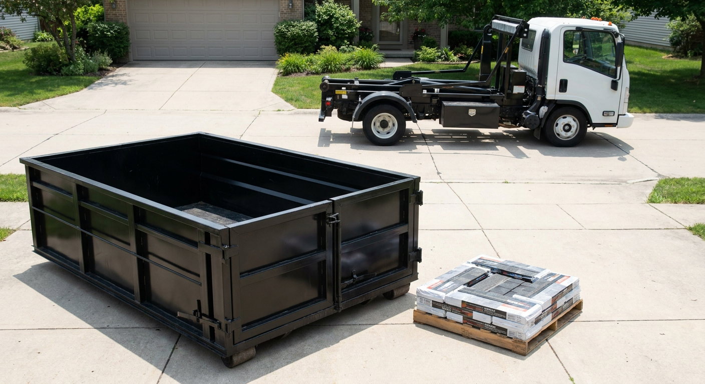 Matte-black 15-yard roofing roll-off dumpster with reinforced low side walls sitting directly on a Erie residential concrete driveway, three-tab asphalt shingle bundles stacked nearby, an unmarked white hauler truck partially visible at the edge of the frame.