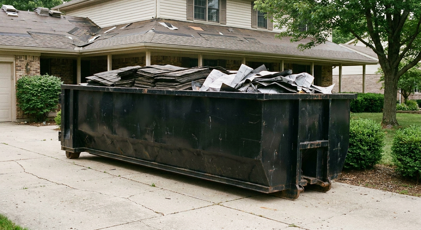 Matte-black 30-yard roofing roll-off dumpster sitting directly on a Erie concrete driveway, taller ribbed steel side panels, mixed tear-off debris of asphalt shingles and underlayment inside, professional documentary daylight.