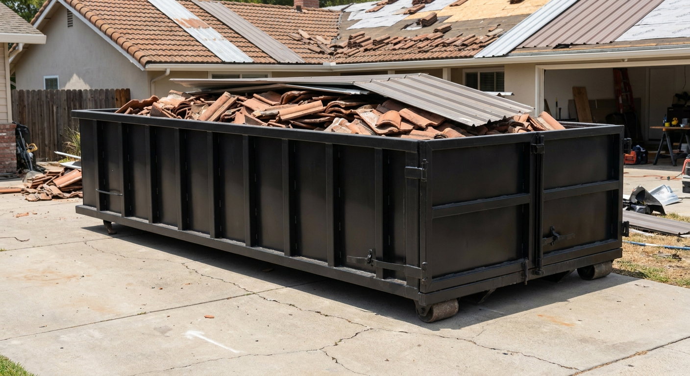 Matte-black low-wall heavy-debris roofing roll-off dumpster sitting directly on a Erie concrete driveway, broken concrete clay roof tiles and metal panel sections loaded inside, reinforced ribbed steel side walls visible, bright outdoor daylight.