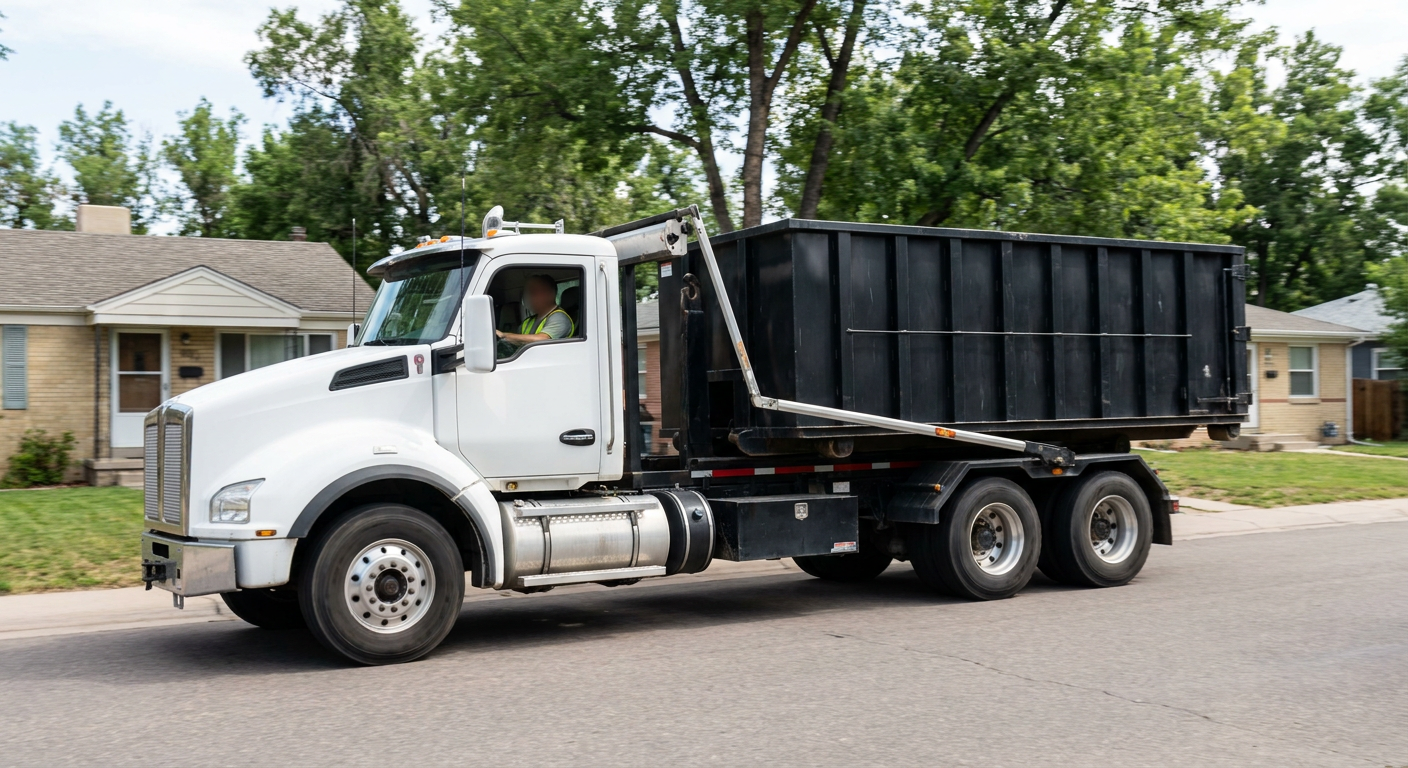 A wide documentary shot of a matte-black roll-off delivery truck pulling onto a quiet Erie residential street at mid-morning, with neighborhood rooftops and tree-lined blocks visible behind, showing the metro coverage footprint.