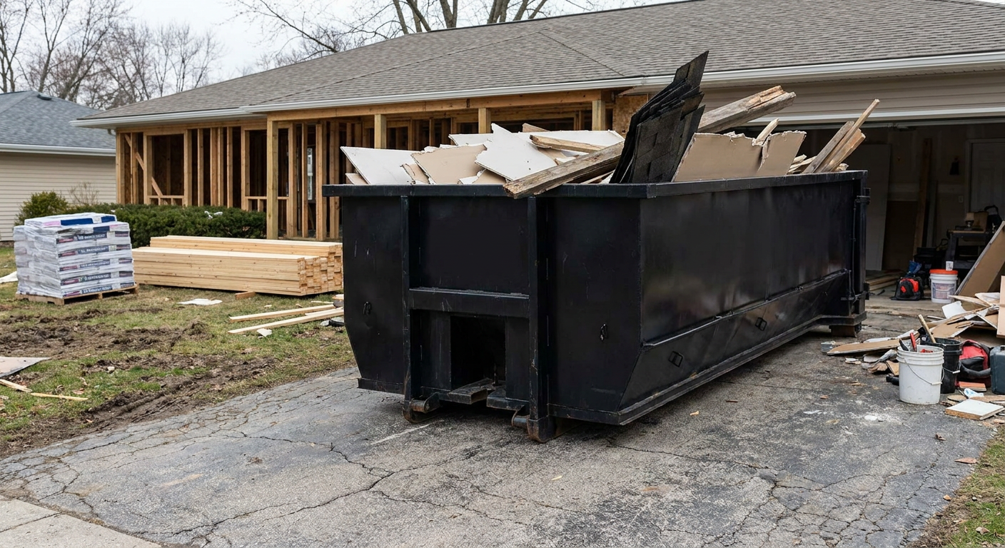 A matte-black 20-yard roll-off dumpster placed alongside a mid-renovation Erie home directly on the asphalt driveway, with framing materials and torn-off shingles staged neatly nearby.