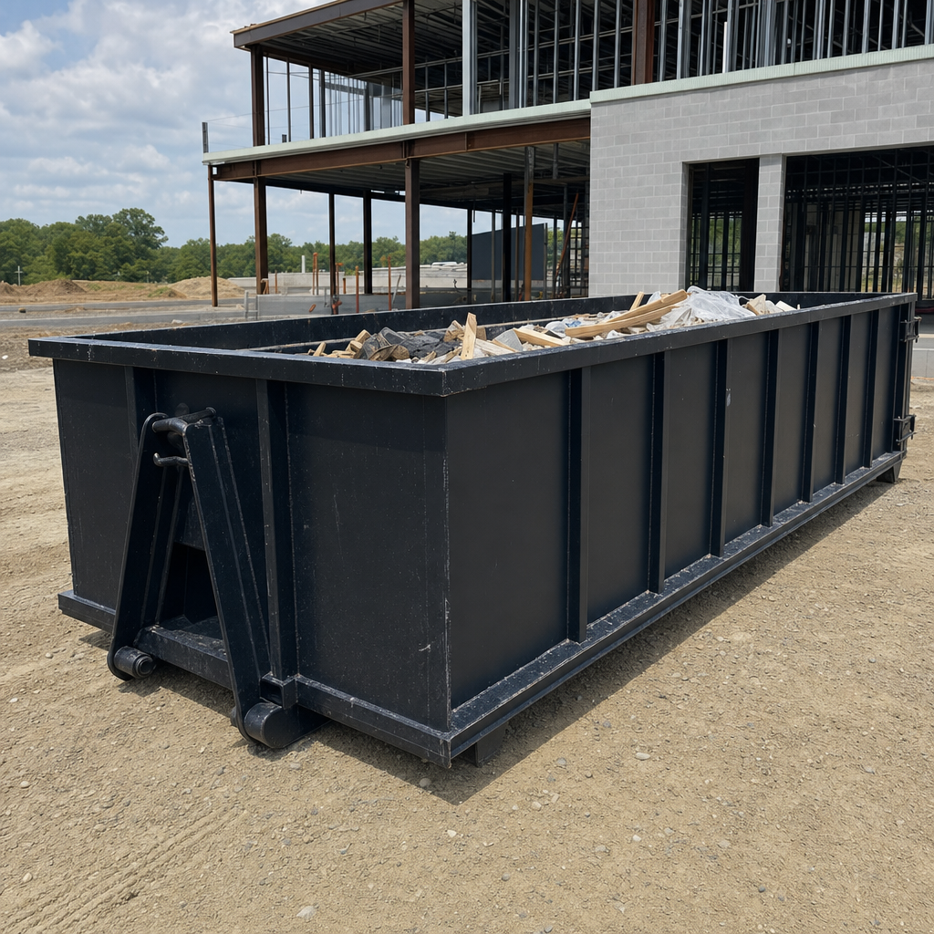 A matte-black 40-yard roll-off dumpster staged on a large Erie commercial construction lot, with a hooklift delivery truck parked alongside under bright midday sky.